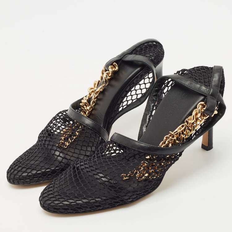Pre Owned Bottega Veneta Black Leather and Mesh Stretch Ankle Strap Pumps Size 35.5