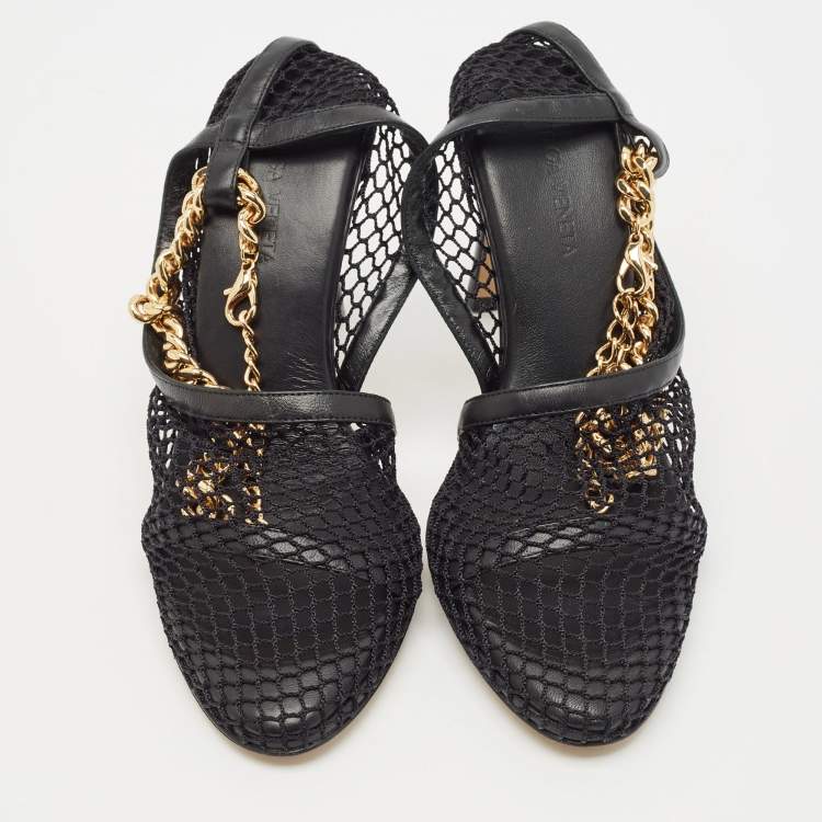 Pre Owned Bottega Veneta Black Leather and Mesh Stretch Ankle Strap Pumps Size 35.5