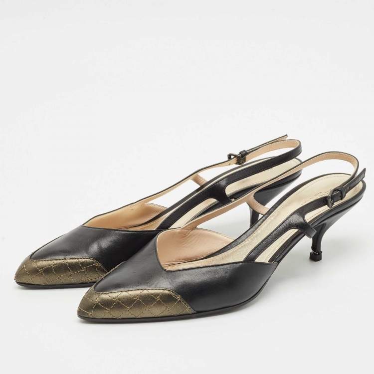 Pre Owned Bottega Veneta Black/Metallic Leather Slingback Pumps Size 41