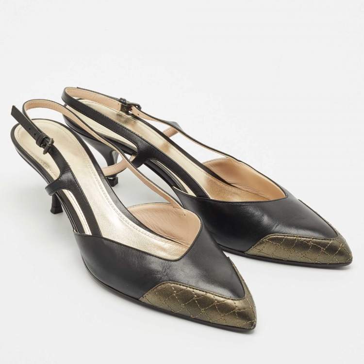 Pre Owned Bottega Veneta Black/Metallic Leather Slingback Pumps Size 41