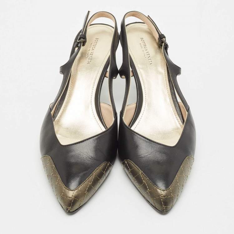 Pre Owned Bottega Veneta Black/Metallic Leather Slingback Pumps Size 41
