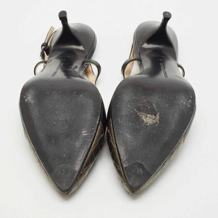 Pre Owned Bottega Veneta Black/Metallic Leather Slingback Pumps Size 41