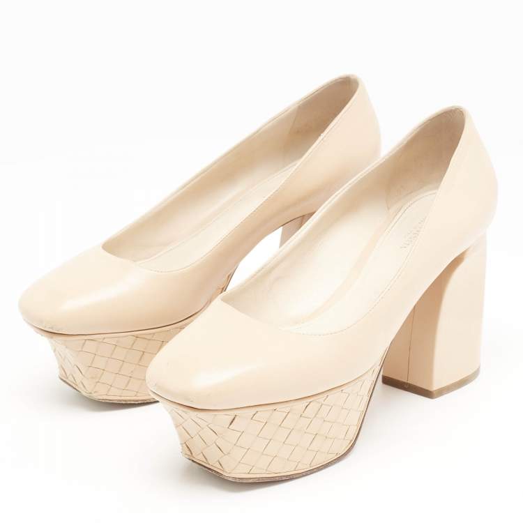 Pre Owned Bottega Veneta Beige Leather Intrecciato Platform Pumps Size 38