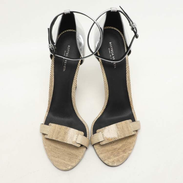 Pre Owned Bottega Veneta Silver Foil Leather and Karung Leather Ankle Strap Wedge Sandals Size 40