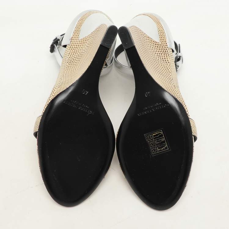 Pre Owned Bottega Veneta Silver Foil Leather and Karung Leather Ankle Strap Wedge Sandals Size 40