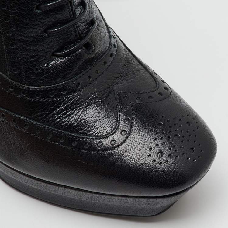 Pre Owned Bottega Veneta Black Brogue Leather Oxford Lace Up Platform Booties Size 39