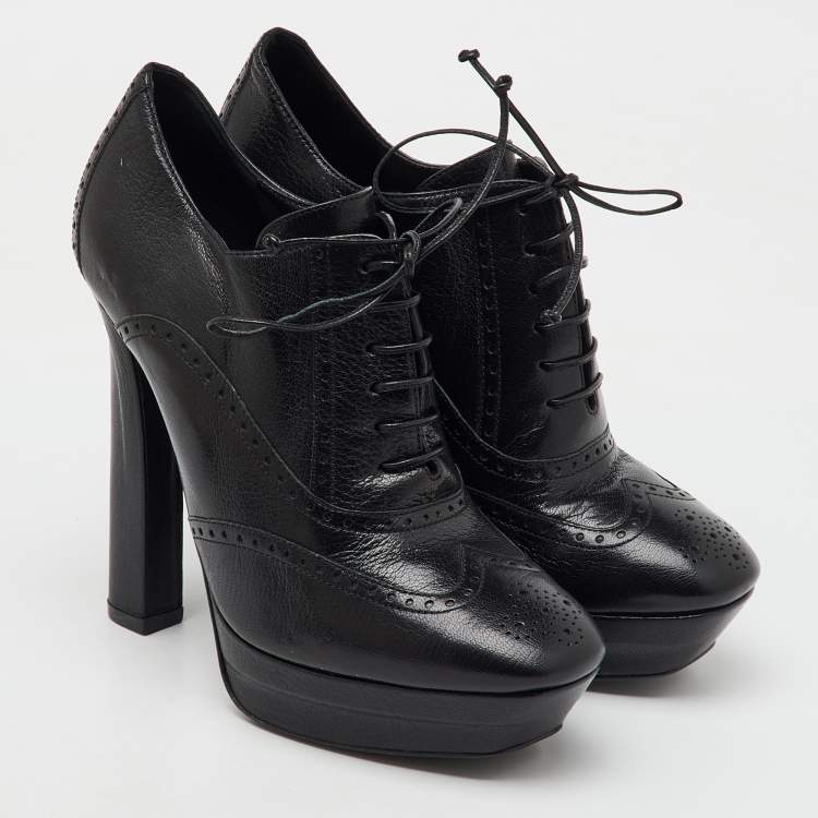 Pre Owned Bottega Veneta Black Brogue Leather Oxford Lace Up Platform Booties Size 39