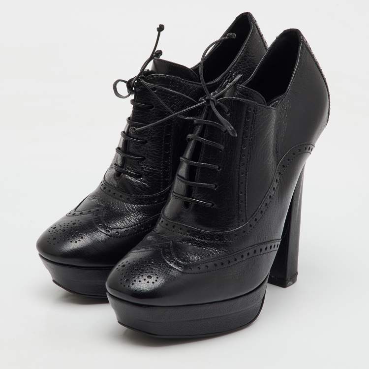 Pre Owned Bottega Veneta Black Brogue Leather Oxford Lace Up Platform Booties Size 39