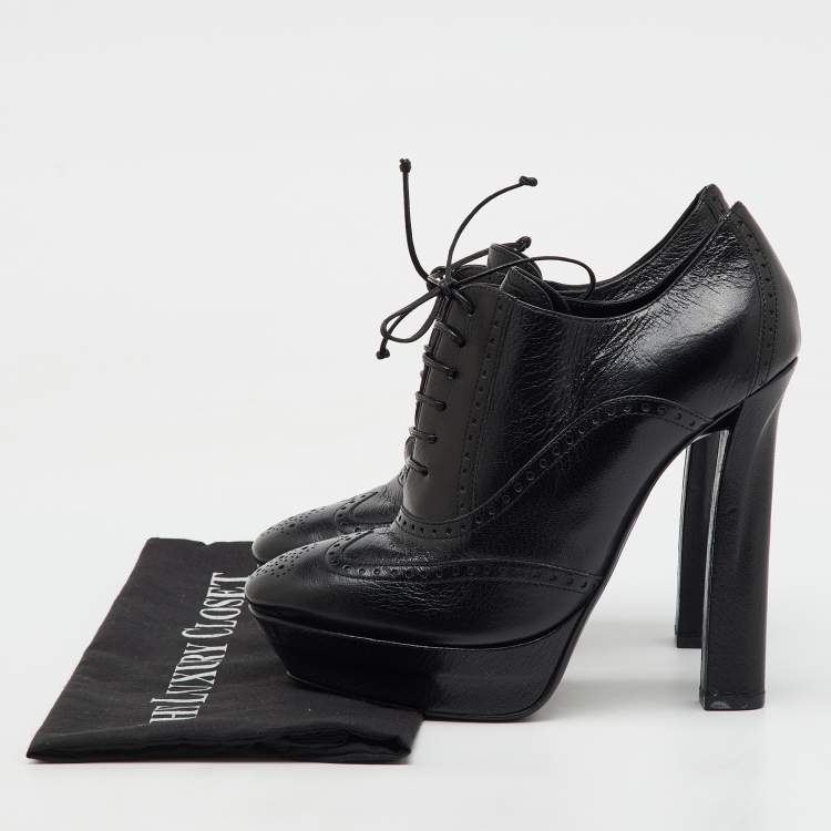 Pre Owned Bottega Veneta Black Brogue Leather Oxford Lace Up Platform Booties Size 39