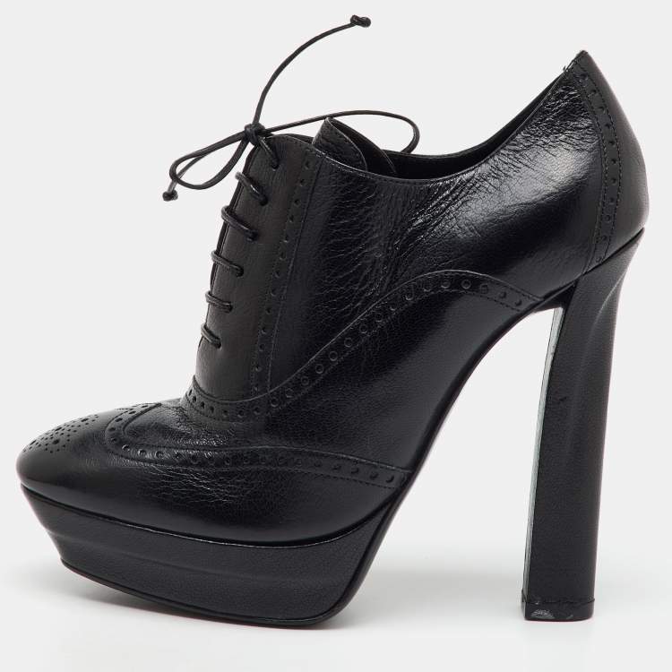 Pre Owned Bottega Veneta Black Brogue Leather Oxford Lace Up Platform Booties Size 39