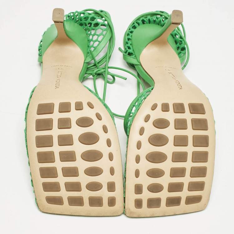 Pre Owned Bottega Veneta Green Crochet Mesh and Leather Stretch Ankle Wrap Pumps Size 41