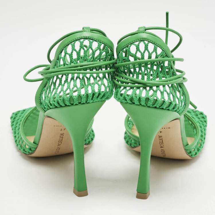 Pre Owned Bottega Veneta Green Crochet Mesh and Leather Stretch Ankle Wrap Pumps Size 41