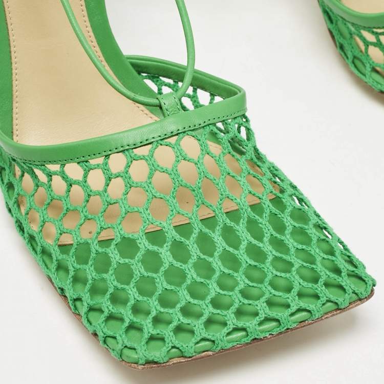 Pre Owned Bottega Veneta Green Crochet Mesh and Leather Stretch Ankle Wrap Pumps Size 41