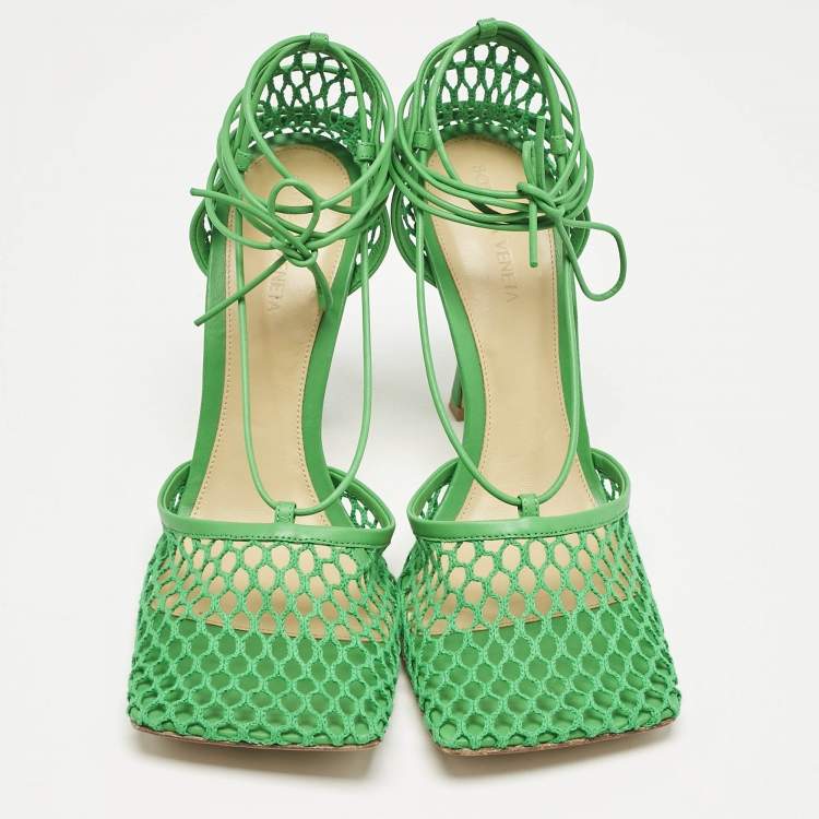 Pre Owned Bottega Veneta Green Crochet Mesh and Leather Stretch Ankle Wrap Pumps Size 41
