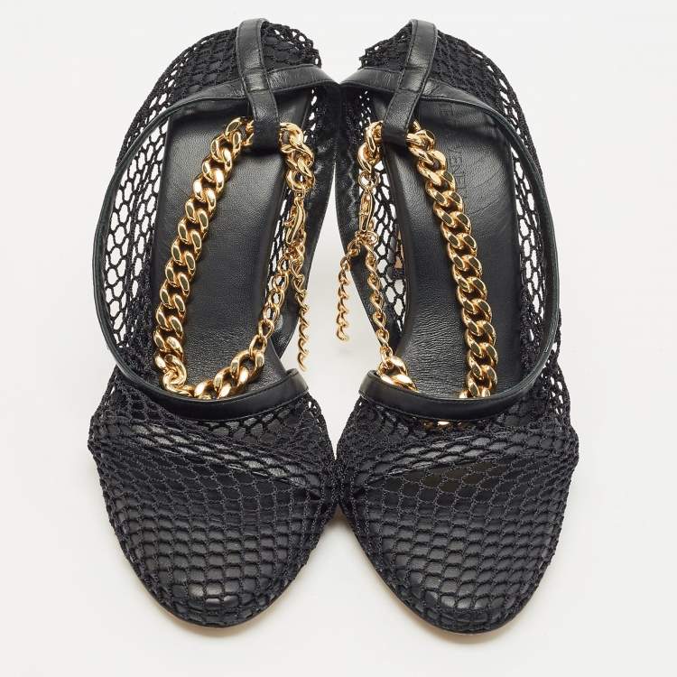 Pre Owned Bottega Veneta Black Mesh and Leather Chunky Chain Ankle Strap Pumps Size 38