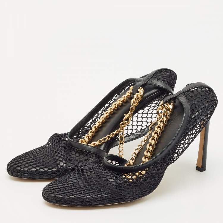 Pre Owned Bottega Veneta Black Mesh and Leather Chunky Chain Ankle Strap Pumps Size 38