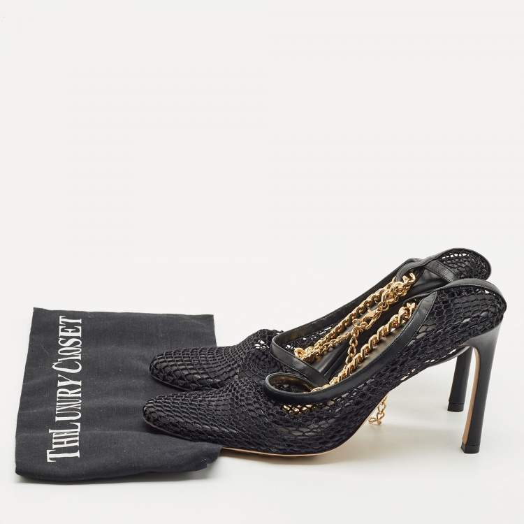 Pre Owned Bottega Veneta Black Mesh and Leather Chunky Chain Ankle Strap Pumps Size 38