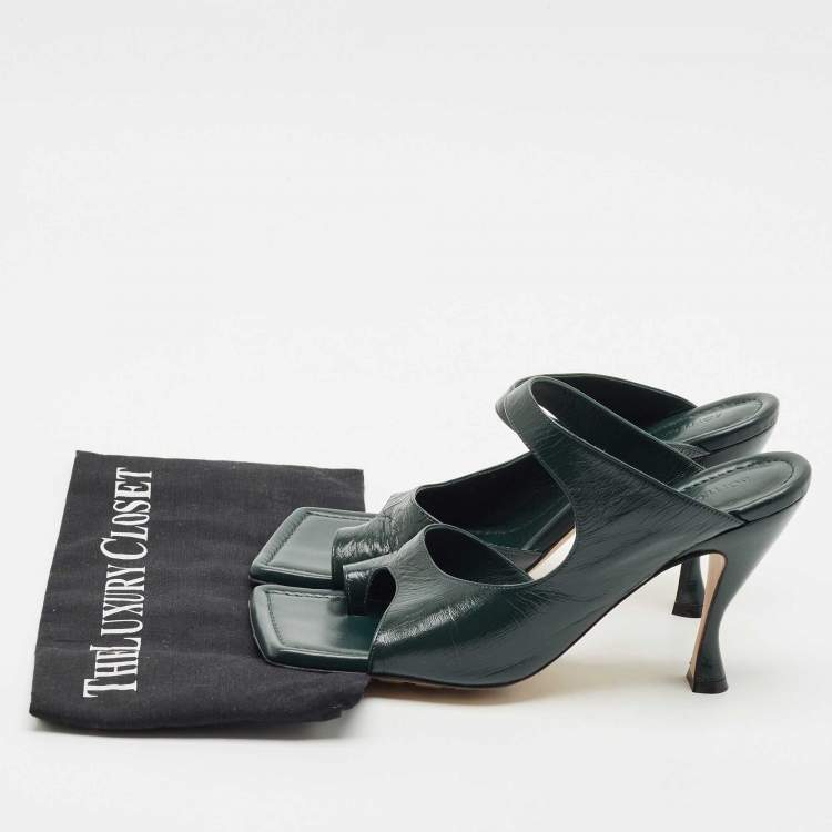 Pre Owned Bottega Veneta Dark Green Leather Square Toe Slide Sandals Size 39