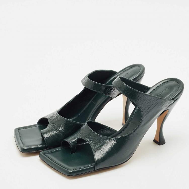 Pre Owned Bottega Veneta Dark Green Leather Square Toe Slide Sandals Size 39