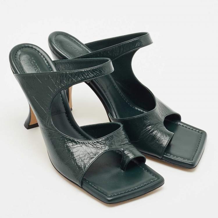 Pre Owned Bottega Veneta Dark Green Leather Square Toe Slide Sandals Size 39