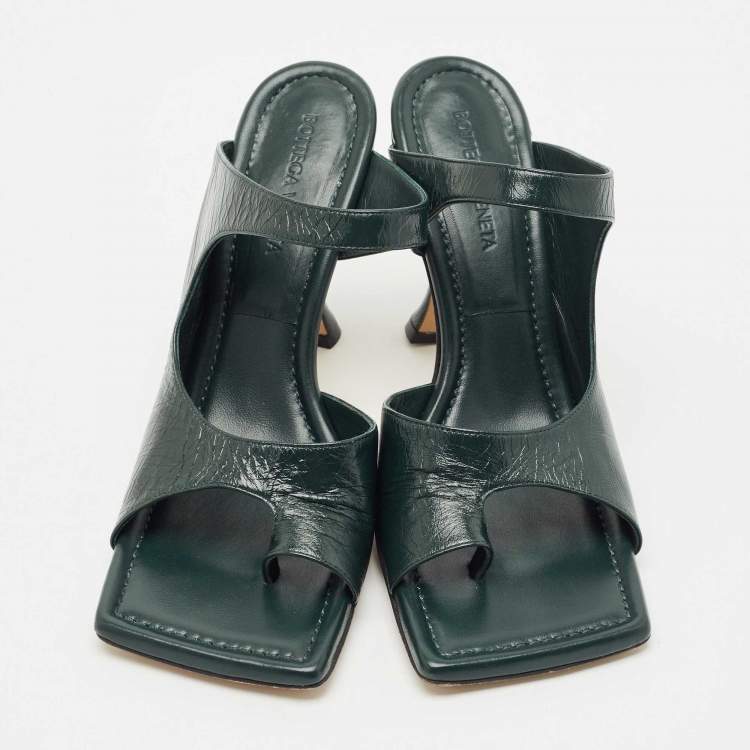 Pre Owned Bottega Veneta Dark Green Leather Square Toe Slide Sandals Size 39