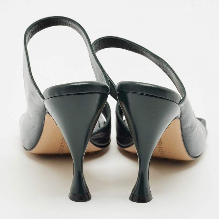 Pre Owned Bottega Veneta Dark Green Leather Square Toe Slide Sandals Size 39