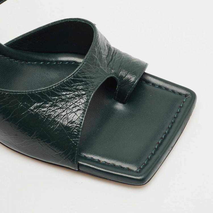 Pre Owned Bottega Veneta Dark Green Leather Square Toe Slide Sandals Size 39