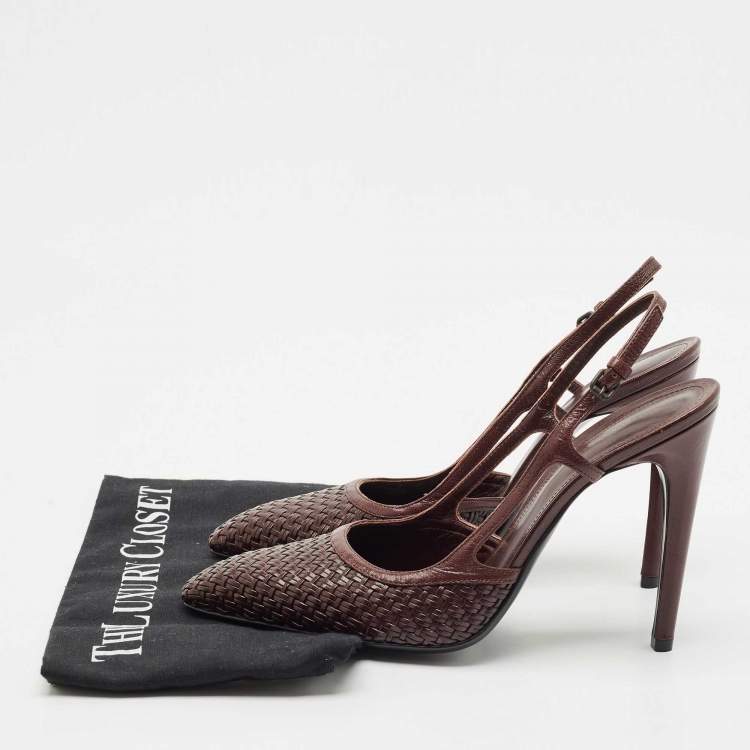 Pre Owned Bottega Veneta Dark Brown Intrecciato Leather Slingback Pumps Size 40