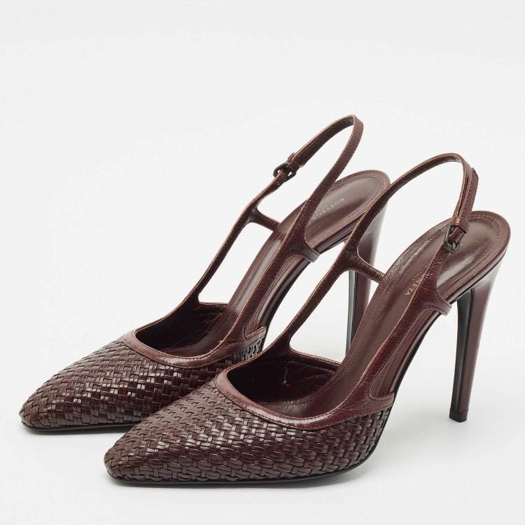 Pre Owned Bottega Veneta Dark Brown Intrecciato Leather Slingback Pumps Size 40