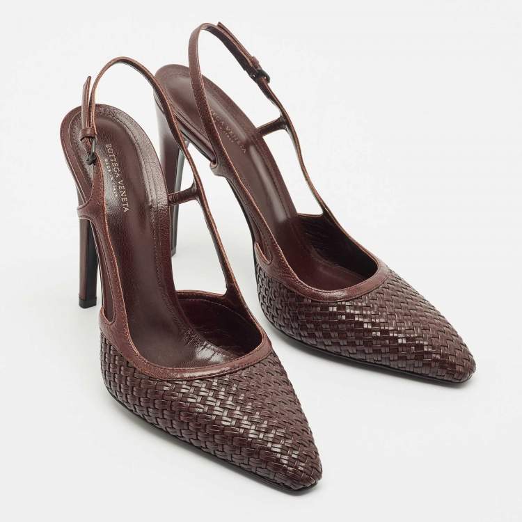 Pre Owned Bottega Veneta Dark Brown Intrecciato Leather Slingback Pumps Size 40