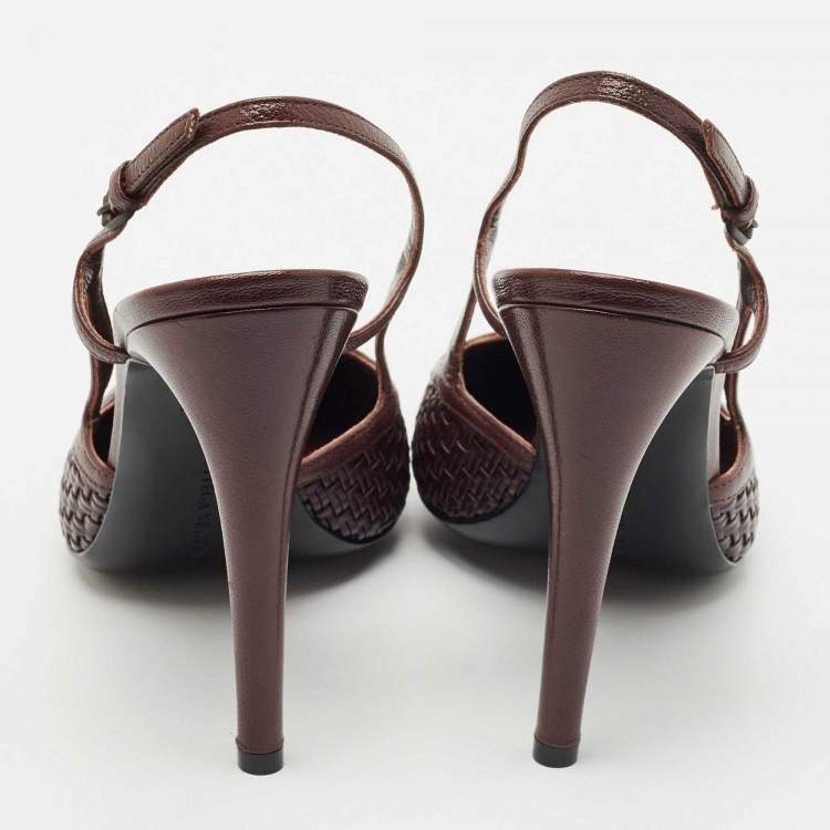 Pre Owned Bottega Veneta Dark Brown Intrecciato Leather Slingback Pumps Size 40