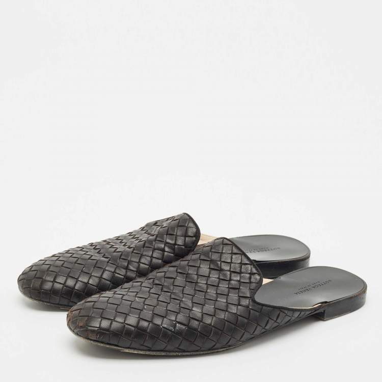 Pre Owned Bottega Veneta Black Intrecciato Leather Espresso Fiandra Mules Size 40.5