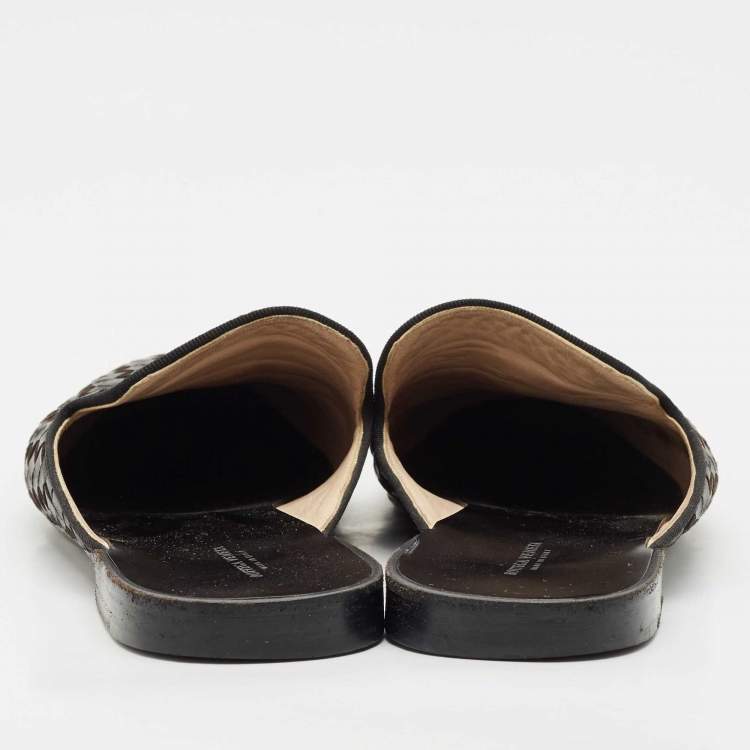Pre Owned Bottega Veneta Black Intrecciato Leather Espresso Fiandra Mules Size 40.5