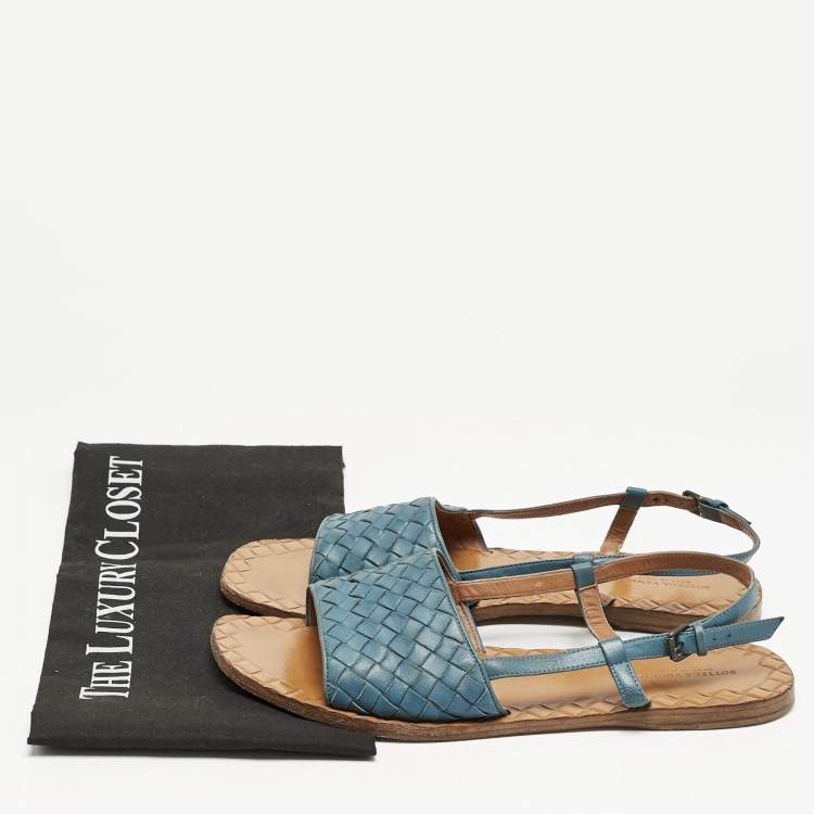 Pre Owned Bottega Veneta Blue Intrecciato Leather Slingback Open Toe Flat Sandals Size 39.5