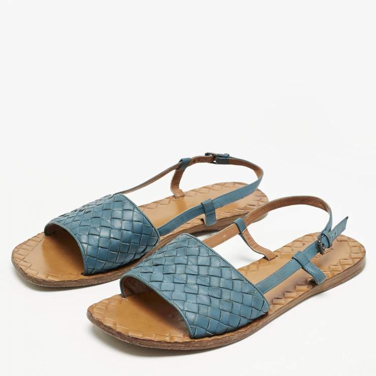 Pre Owned Bottega Veneta Blue Intrecciato Leather Slingback Open Toe Flat Sandals Size 39.5