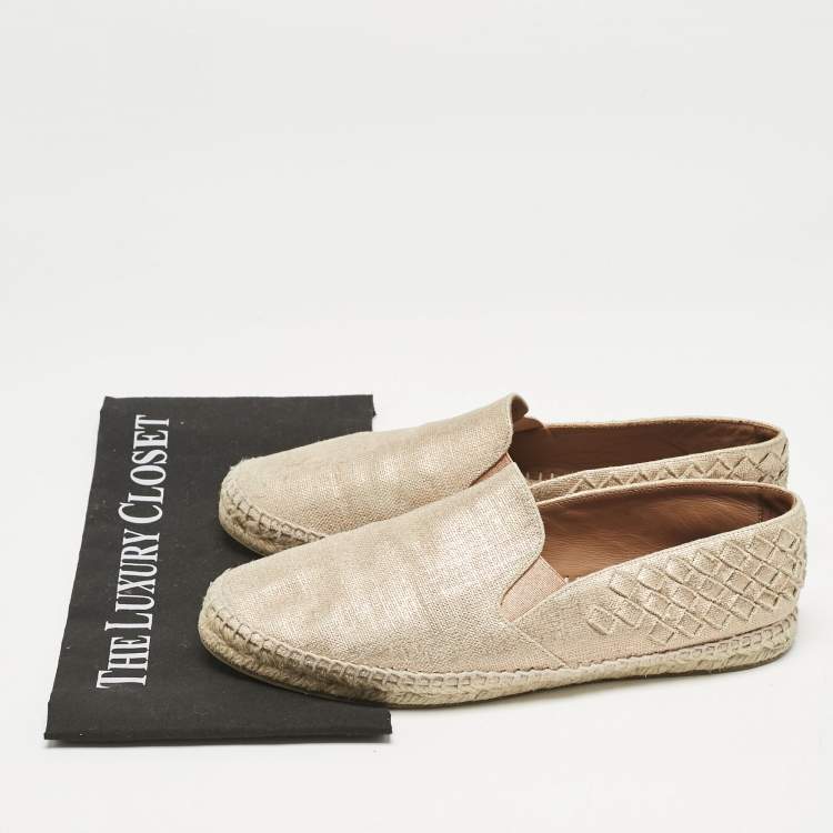 Pre Owned Bottega Veneta Metallic Gold Intrecciato Canvas Espadrille Flats Size 40