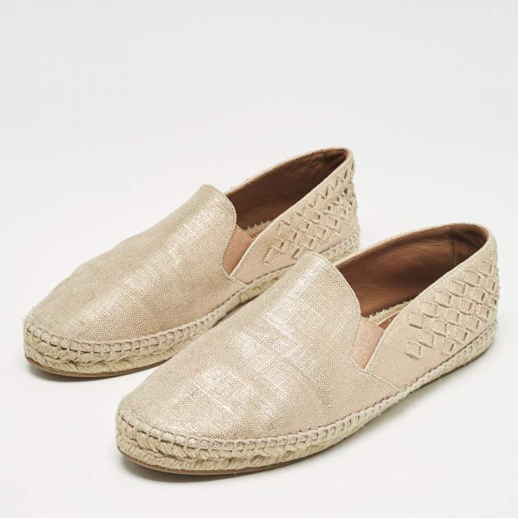 Pre Owned Bottega Veneta Metallic Gold Intrecciato Canvas Espadrille Flats Size 40