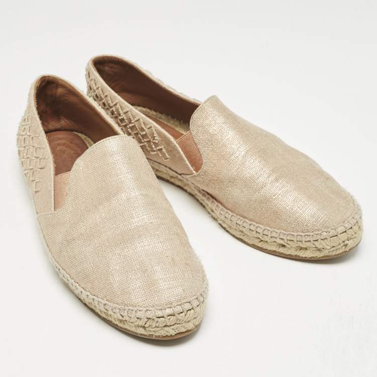 Pre Owned Bottega Veneta Metallic Gold Intrecciato Canvas Espadrille Flats Size 40