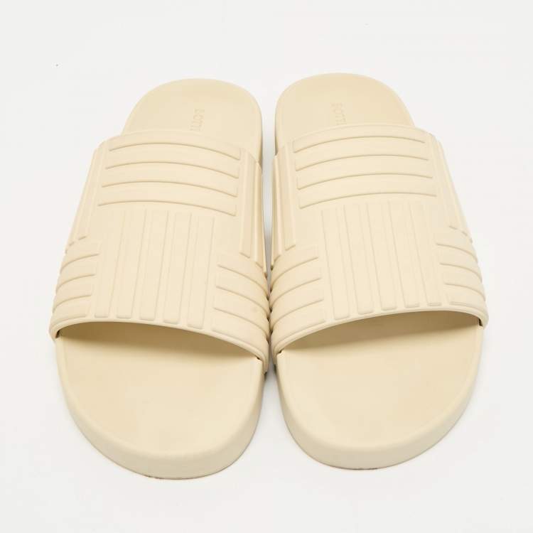 Pre Owned Bottega Veneta Cream Embossed Rubber Flat Slide Sandals Size 37