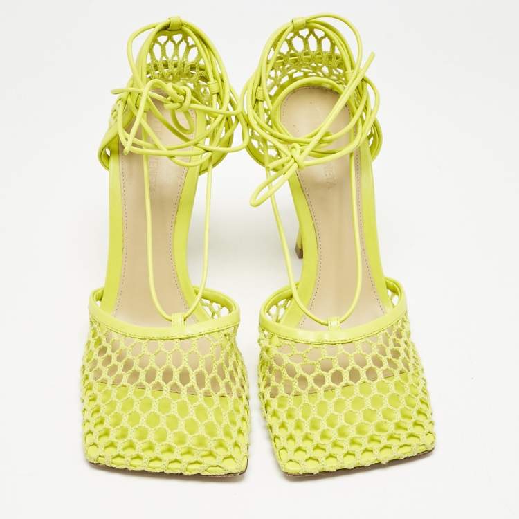مملوكة مسبقًا Bottega Veneta Green Leather and Mesh Stretch Ankle Strap Sandals Size 40