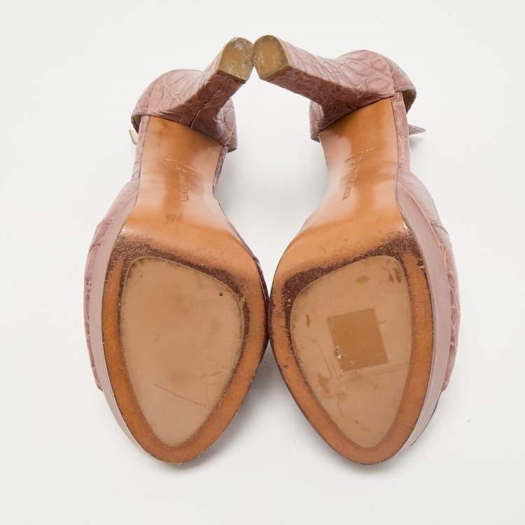 Pre Owned Bottega Veneta Taupe Brown Crocodile Leather Platform Sandals Size 39