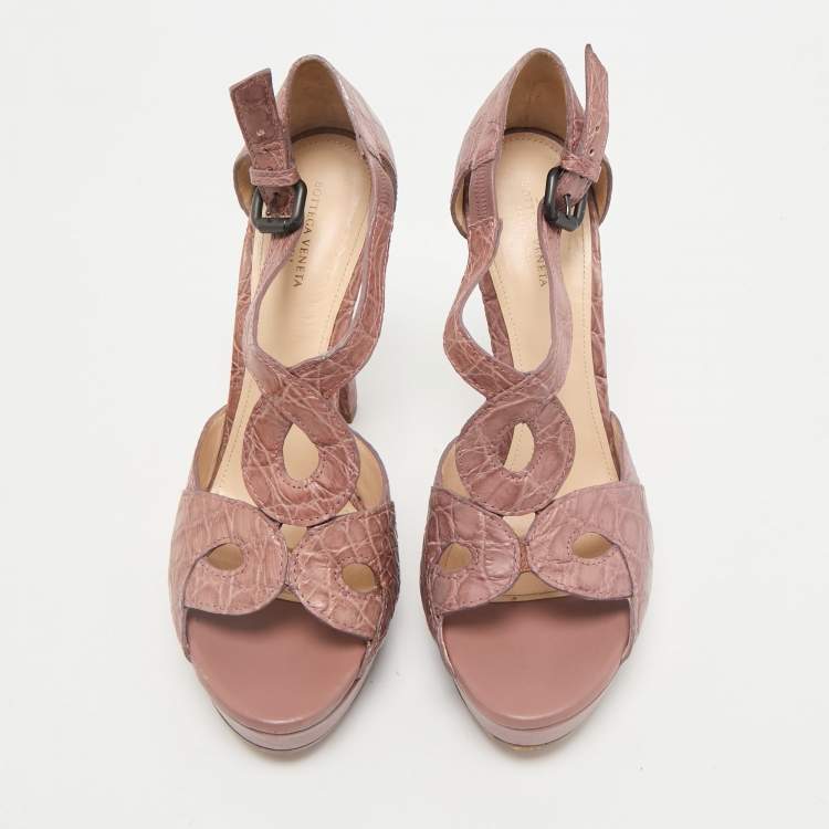 Pre Owned Bottega Veneta Taupe Brown Crocodile Leather Platform Sandals Size 39