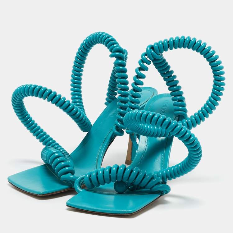 Pre Owned Bottega Veneta Blue Leather Wire Stretch Ankle Wrap Sandals Size 39