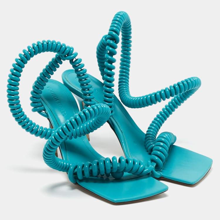 Pre Owned Bottega Veneta Blue Leather Wire Stretch Ankle Wrap Sandals Size 39