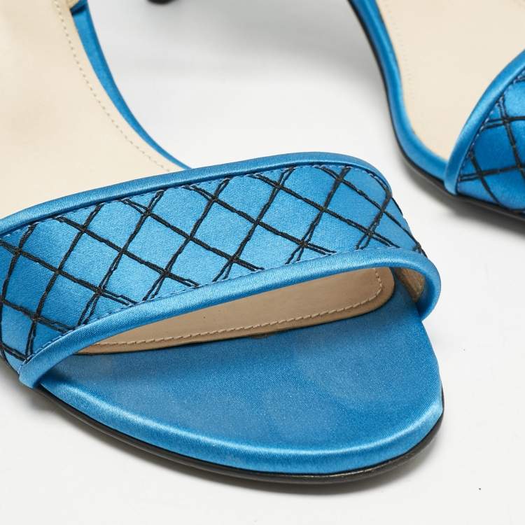 Pre Owned Bottega Veneta Blue/Black Satin Ankle Strap Sandals Size 39