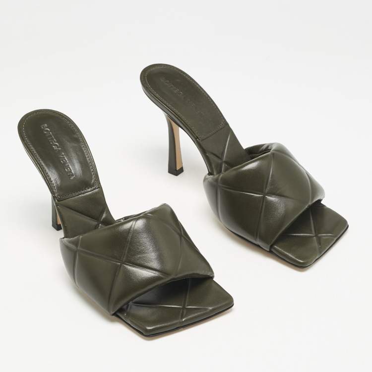Pre Owned Bottega Veneta Olive Green Leather Lido Slide Sandals Size 38