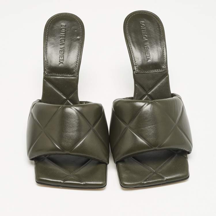 Pre Owned Bottega Veneta Olive Green Leather Lido Slide Sandals Size 38
