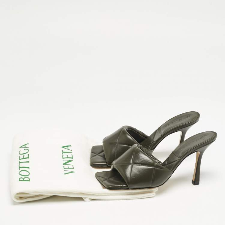 Pre Owned Bottega Veneta Olive Green Leather Lido Slide Sandals Size 38