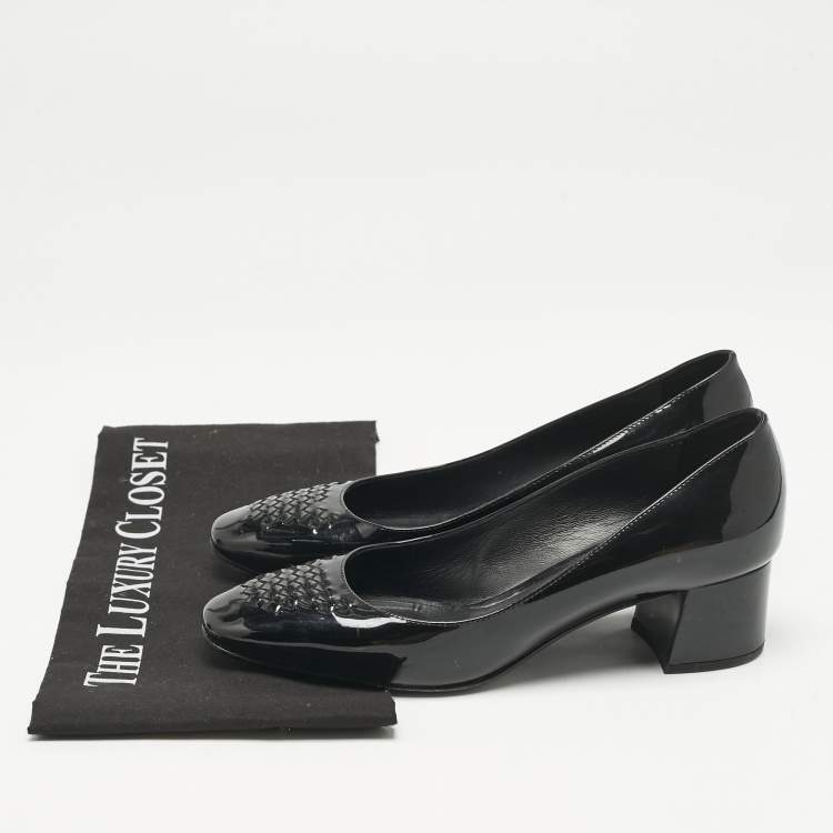 Pre Owned Bottega Veneta Black Intrecciato Patent Leather Block Heel Pumps Size 36.5