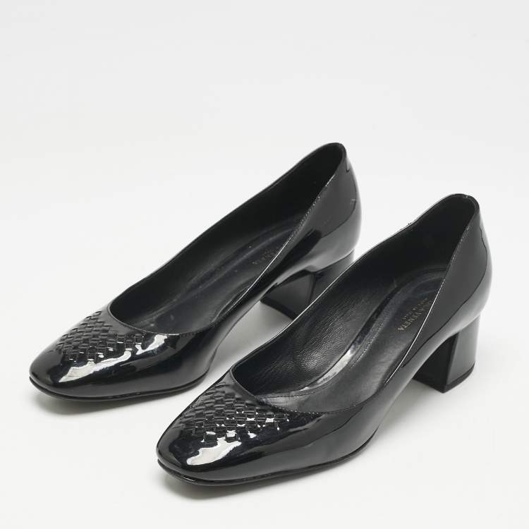 Pre Owned Bottega Veneta Black Intrecciato Patent Leather Block Heel Pumps Size 36.5